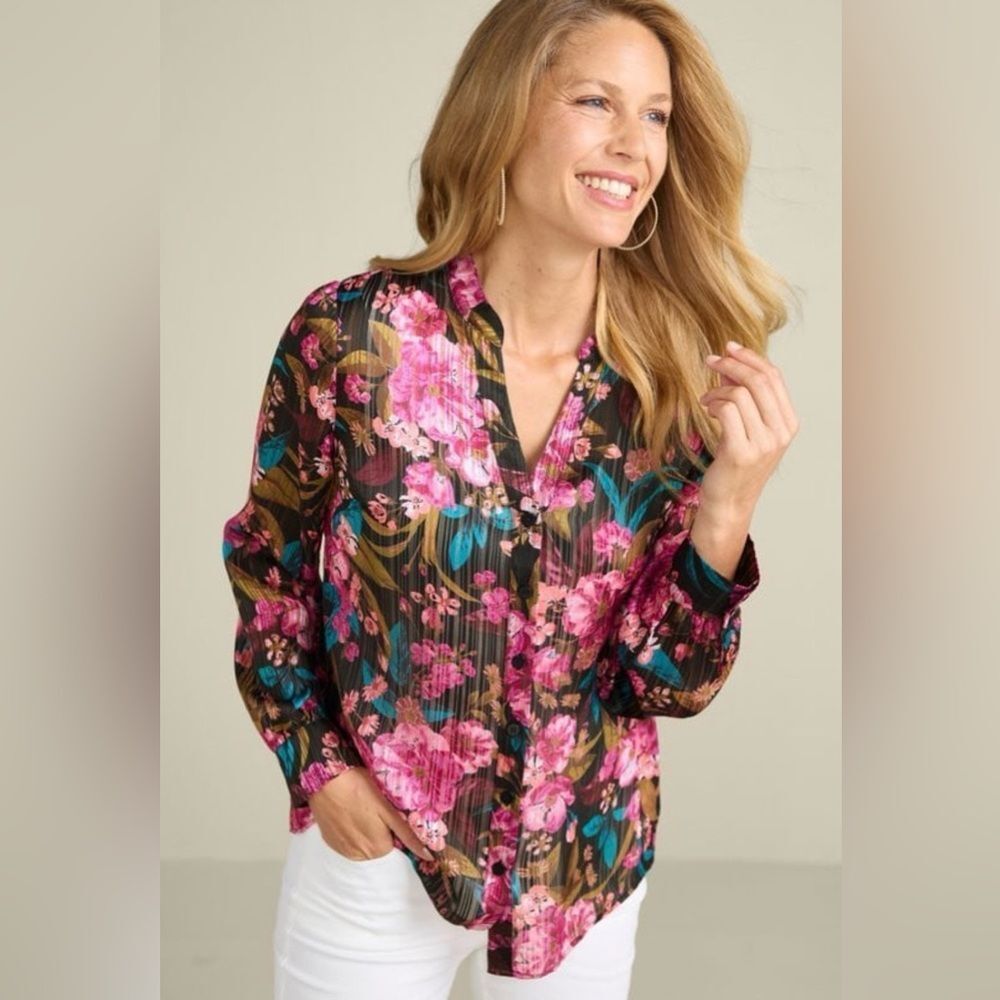 Soft Surroundings Josie Shimmer Shirt Black Pink Floral XS NWT‎